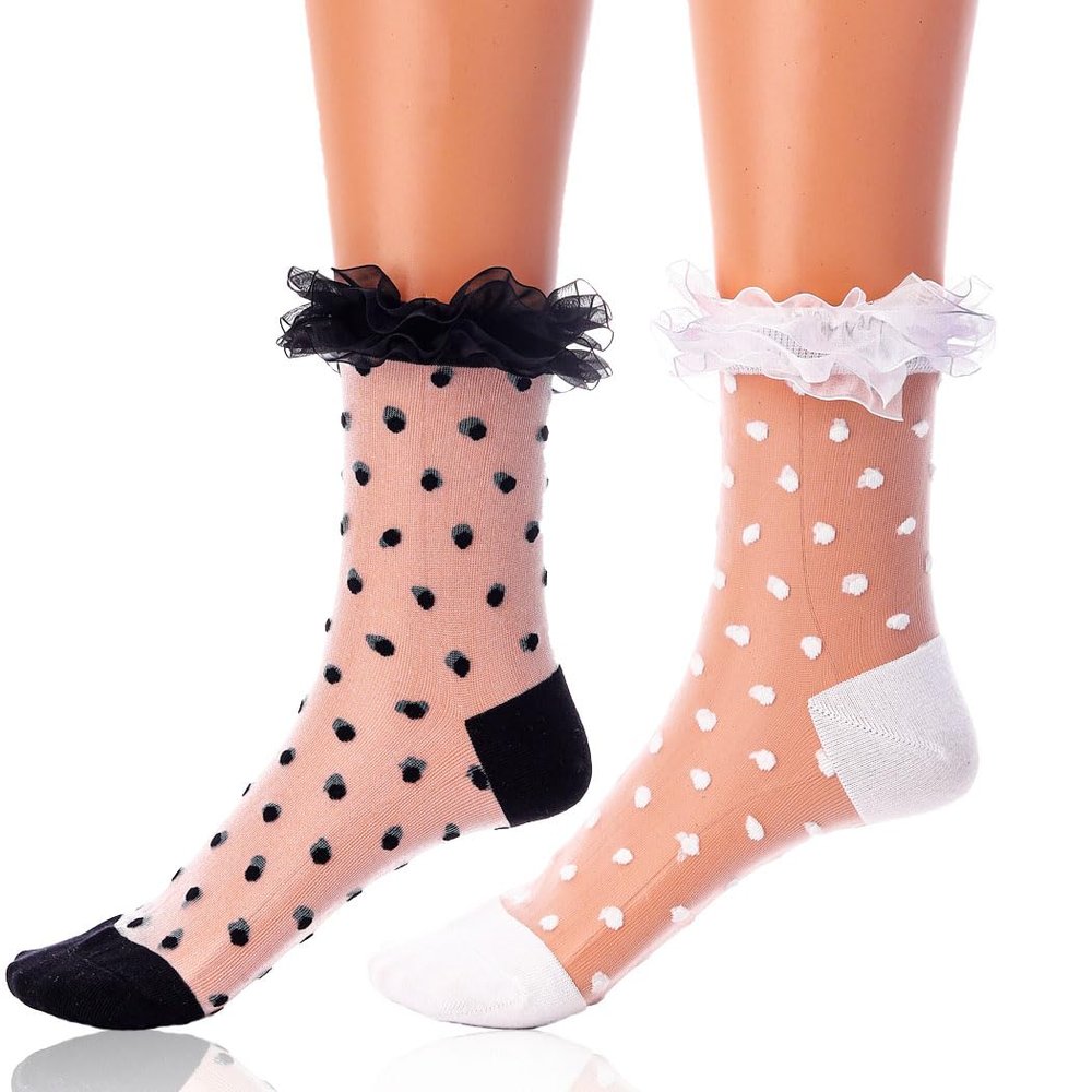 Miaband Ruffle See Through Socks Dot Lace Sheer Socks Tulle Cool Mesh Ankle Sock for Women 2 Pairs (US, Alpha, One Size, Regular, Regular, Ruffle)
