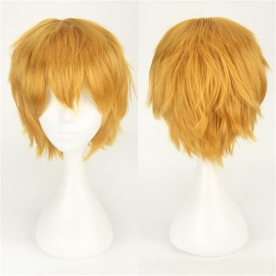 Prettybuy Unisex Anime Short Yellow Cosplay Wig With Bangs for Women Men Heat Resistant Synthetic Fluffy Layered Halloween Christmas Costume Party Hair Wig