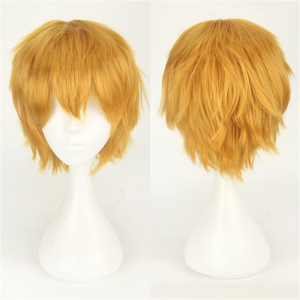 Prettybuy Unisex Anime Short Yellow Cosplay Wig With Bangs for Women Men Heat Resistant Synthetic Fluffy Layered Halloween Christmas Costume Party Hair Wig