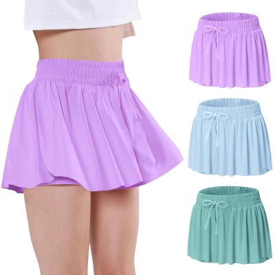 EXARUS 3 Pack Girls Shorts Butterfly Flowy Athletic Skort Dance Cheer Outfits Teen Running Skirts Preppy Tennis 2 in 1 Flutter Gym Kids Tween Clothes Green Blue Purple 6Y