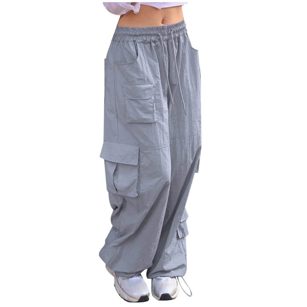 Parachute Cargo Wide Leg Pants Women Drawstring High Elastic Waisted Trousers Hiking Jogger Y2k Sweatpants with Pockets