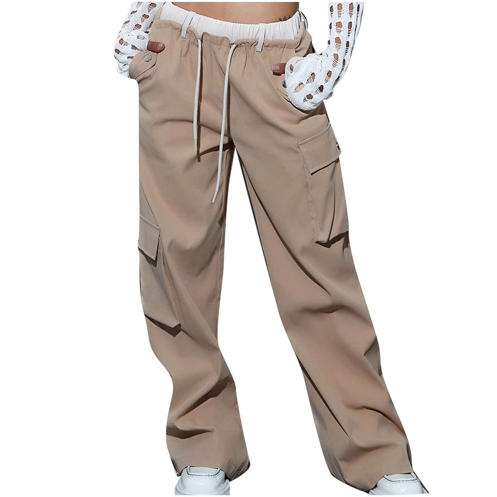 Womens High Elastic Waisted Cargo Pants Drawstring Wide Leg Pants Trendy Loose Joggers Sweatpants with Multiple Pockets
