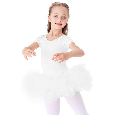 Bezioner Girls Cotton Ballet Dance Dress Cute Tutu Skirted Leotard Short Sleeve White 100