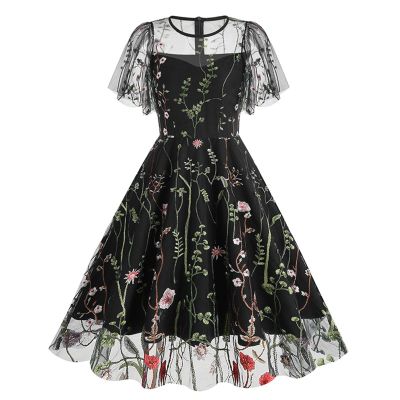 Mini Dress for Women Floral Embroidered Long Sleeve Bodycon Party Dress Sexy Mesh Sheer Fitted Evening Dresses