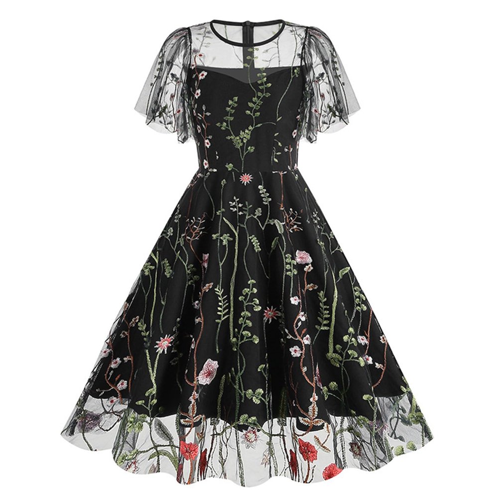 Mini Dress for Women Floral Embroidered Long Sleeve Bodycon Party Dress Sexy Mesh Sheer Fitted Evening Dresses