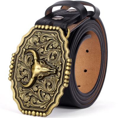 BISON DENIM Men's Western Cowboy Belt with Big Printed Engraved Buckle Strap Adjustable
