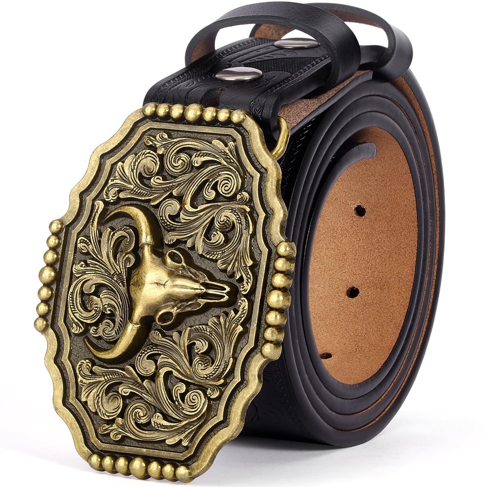 BISON DENIM Men's Western Cowboy Belt with Big Printed Engraved Buckle Strap Adjustable