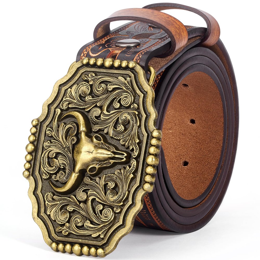 BISON DENIM Men's Western Cowboy Belt with Big Printed Engraved Buckle Strap Adjustable