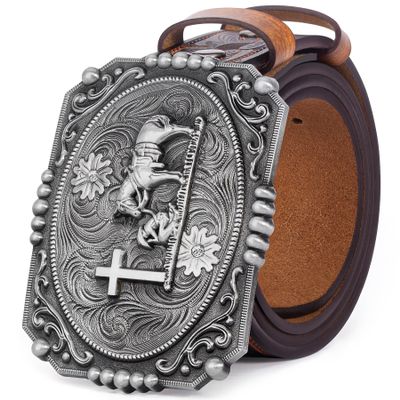BISON DENIM Men's Western Cowboy Belt with Big Printed Engraved Buckle Strap Adjustable