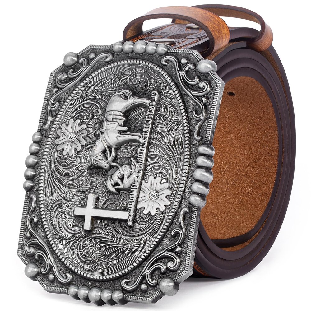 BISON DENIM Men's Western Cowboy Belt with Big Printed Engraved Buckle Strap Adjustable