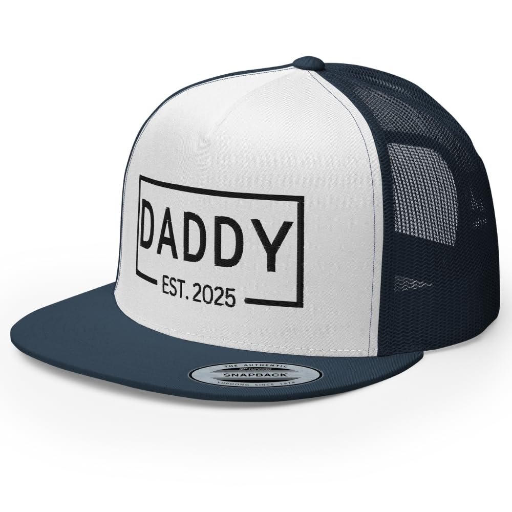 RIVEMUG NG Daddy Est 2025 Flat Bill Trucker Hat High Crown Adjustable New Dad New Father Cap Expect Baby 2025