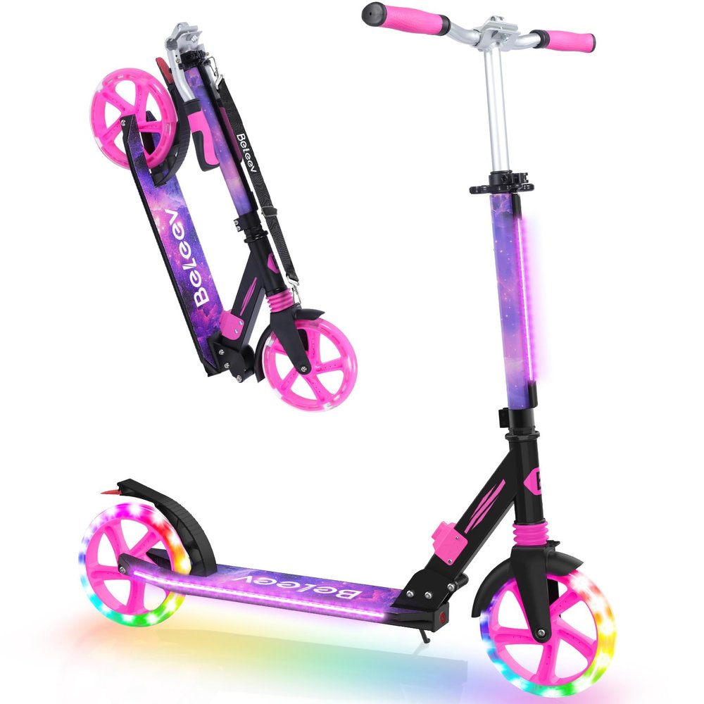 BELEEV V8 Scooters for Kids Ages 6+ with Light-Up Wheel & Stem & Deck, 2 Wheel Folding Scooter for Adults Teens, 4 Adjustable Height, Lightweight Sport Commuter Scooter, up to 220lbs (Galaxy Purple)