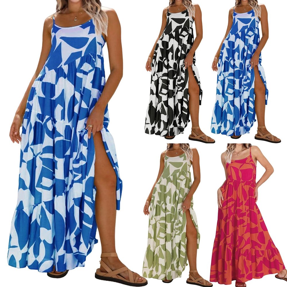 FQFGGYD Summer Dresses for Women Printed Maxi Dress Casual Beach Sundress Scoop Neck Halter Boho Dresses Wedding Guest Dress Blue