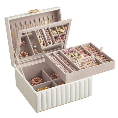 SONGMICS HOME 2-Tier Jewelry Box with Mirror, Jewelry Organizer, Removable Tray, PU Surface with Stitching, Floating Effect, 8.5 x 9.4 x 5.3 Inches, Cloud White, ANAH Collection UJBC182W01