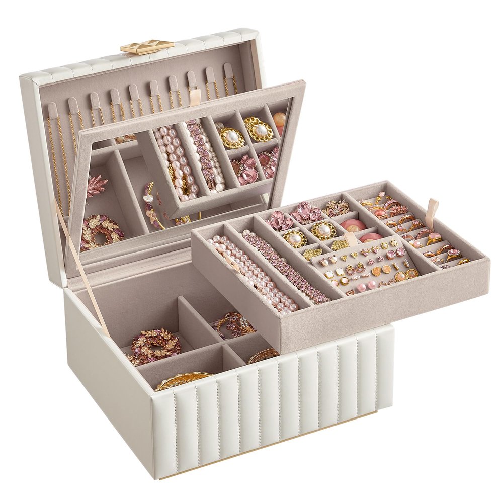 SONGMICS HOME 2-Tier Jewelry Box with Mirror, Jewelry Organizer, Removable Tray, PU Surface with Stitching, Floating Effect, 8.5 x 9.4 x 5.3 Inches, Cloud White, ANAH Collection UJBC182W01
