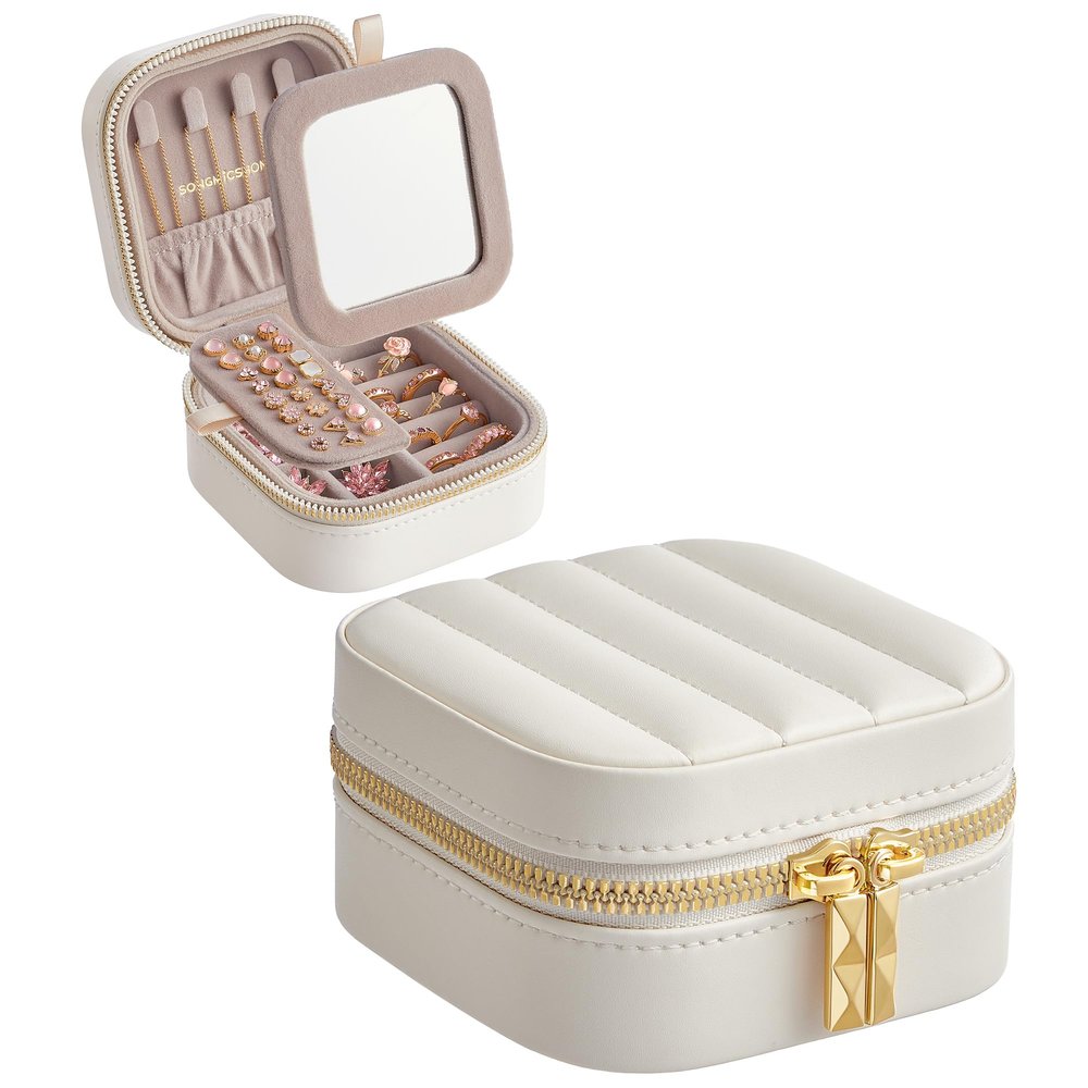 SONGMICS HOME Travel Jewelry Case, Small Jewelry Box Organizer with Mirror, 4.1 x 4.1 x 2.4 Inches, Stitching, Portable, Gift Idea, Cloud White UJBC179W01