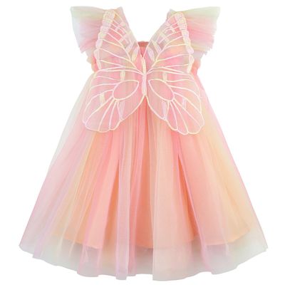 AGQT Baby Girls Tulle Tutu Dress Sleeveless Toddler Butterfly Print Back Tutu Dresses Birthday Party Gowns Wedding Layered Lace Holiday Mini Dress Summer Sundress Pink Orange Size 12-18 Months