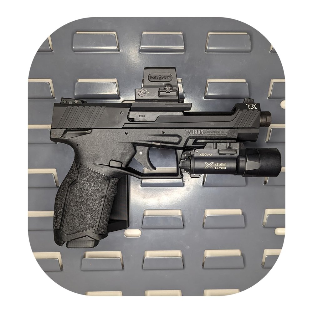 Hammy3DPrints Mount for Taurus TX22 - Secure It/Akro Mils | Pistol Holder Handgun Storage Rack (Facing Left, Plastic Panel)