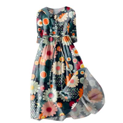 Ceboyel Women Bohemian Cotton Linen Dresses 3/4 Sleeve Maxi Long Dress Plain Classic Dresses Trendy Boho Dresses with Belt Spring Dresses for Women 2024 Trendy Blue 3X