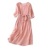 Ceboyel Women Bohemian Cotton Linen Dresses 3/4 Sleeve Maxi Long Dress Plain Classic Dresses Trendy Boho Dresses with Belt Dresses for Women 2024 Plus Size Pink S view 1