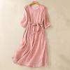 Ceboyel Women Bohemian Cotton Linen Dresses 3/4 Sleeve Maxi Long Dress Plain Classic Dresses Trendy Boho Dresses with Belt Dresses for Women 2024 Plus Size Pink S view 3