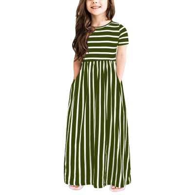 NineFit Basics Toddler Girls Striped Dress Short Sleeve Cotton Casual Long Maxi Dresses Stripe with Pocket Sundress (Green, 2-3Y)