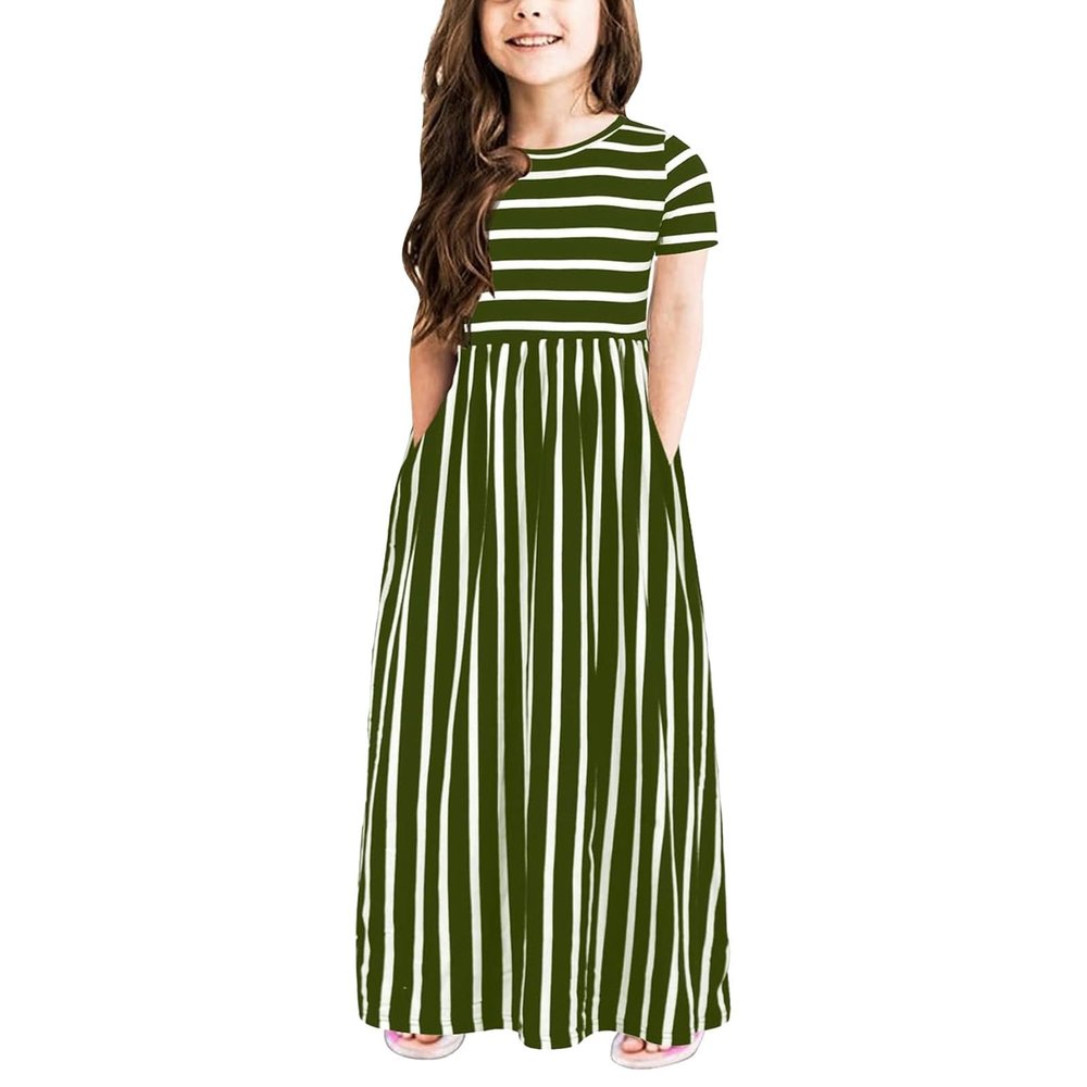 NineFit Basics Toddler Girls Striped Dress Short Sleeve Cotton Casual Long Maxi Dresses Stripe with Pocket Sundress (Green, 2-3Y)