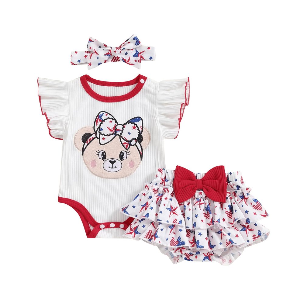 ZINTAOZT Infant Baby Girls 4th of July Outfits Romper T-shirt Tops Shorts with Hairband 3Pcs Patriotic Clothes Set (F White, 3-6 Months)