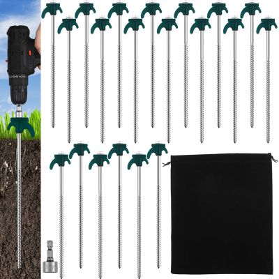 JaGely 20 Pcs 12 Inch Tent Stakes Screw in Camping Stake Heavy Duty Metal Spikes Ground Anchor Peg Blackish Green Threaded Tent Spikes with Hex Head Driver for Camping Garden Inflatable Outdoor