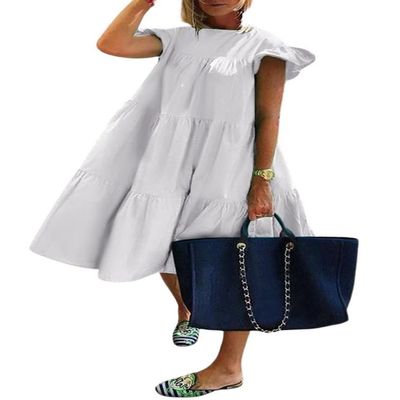 chouyatou Women's Summer Flutter Sleeve Tiered Babydoll Dress Cute A-Line Midi Long Tunic Dress (Large, White)