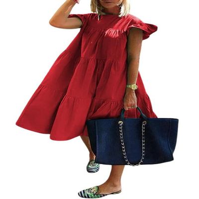 chouyatou Women's Summer Flutter Sleeve Tiered Babydoll Dress Cute A-Line Midi Long Tunic Dress (Large, Red)