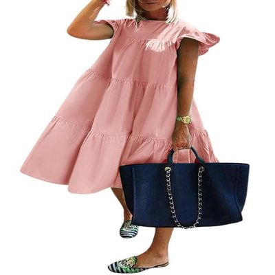 chouyatou Women's Summer Flutter Sleeve Tiered Babydoll Dress Cute A-Line Midi Long Tunic Dress (Medium, Pink)