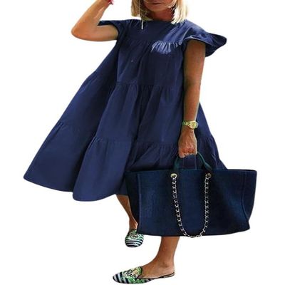 chouyatou Women's Summer Flutter Sleeve Tiered Babydoll Dress Cute A-Line Midi Long Tunic Dress (Small, Dark Blue)