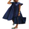 chouyatou Women's Summer Flutter Sleeve Tiered Babydoll Dress Cute A-Line Midi Long Tunic Dress (Small, Dark Blue) view 1