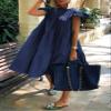 chouyatou Women's Summer Flutter Sleeve Tiered Babydoll Dress Cute A-Line Midi Long Tunic Dress (Small, Dark Blue) view 2