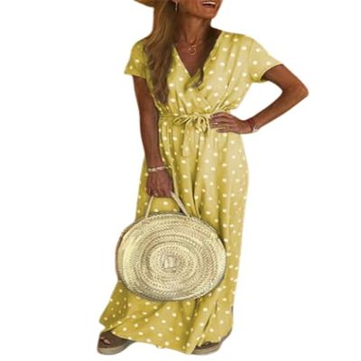 TIAFORD Womens Bohemian Wrap V Neck Maxi Dress Casual Short Sleeve Belted Dress Summer Polka Dots Flowy Beach Dress
