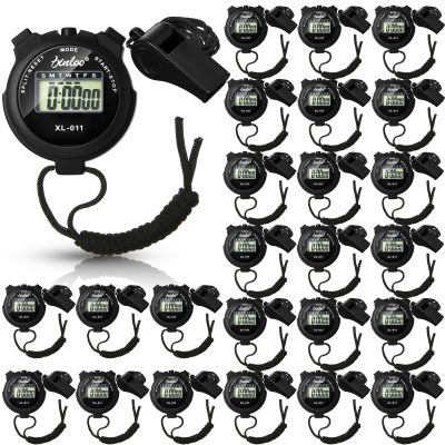 Simgoing 48 Pcs Digital Stopwatch Timer Plastic Whistle Bulk for Sports Coaches Referee Waterproof Watch Timer Whistle with Lanyard Multi Function Electronic Fitness Date Alarm (Black)