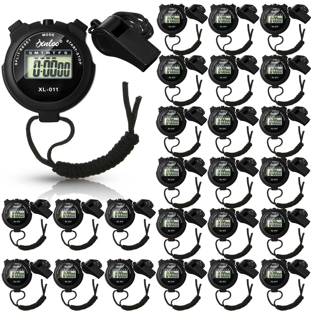 Simgoing 48 Pcs Digital Stopwatch Timer Plastic Whistle Bulk for Sports Coaches Referee Waterproof Watch Timer Whistle with Lanyard Multi Function Electronic Fitness Date Alarm (Black)