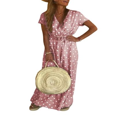 TIAFORD Womens Bohemian Wrap V Neck Maxi Dress Casual Short Sleeve Belted Dress Summer Polka Dots Flowy Beach Dress