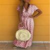TIAFORD Womens Bohemian Wrap V Neck Maxi Dress Casual Short Sleeve Belted Dress Summer Polka Dots Flowy Beach Dress view 2