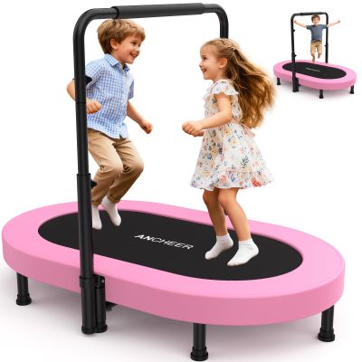 ANCHEER Mini Trampoline for Kids Indoor, Double Kids Trampoline with Adjustable Center Handlebar, 56"X36" Rebounder Trampoline Foldable, Max Load 220 LBS,Pink