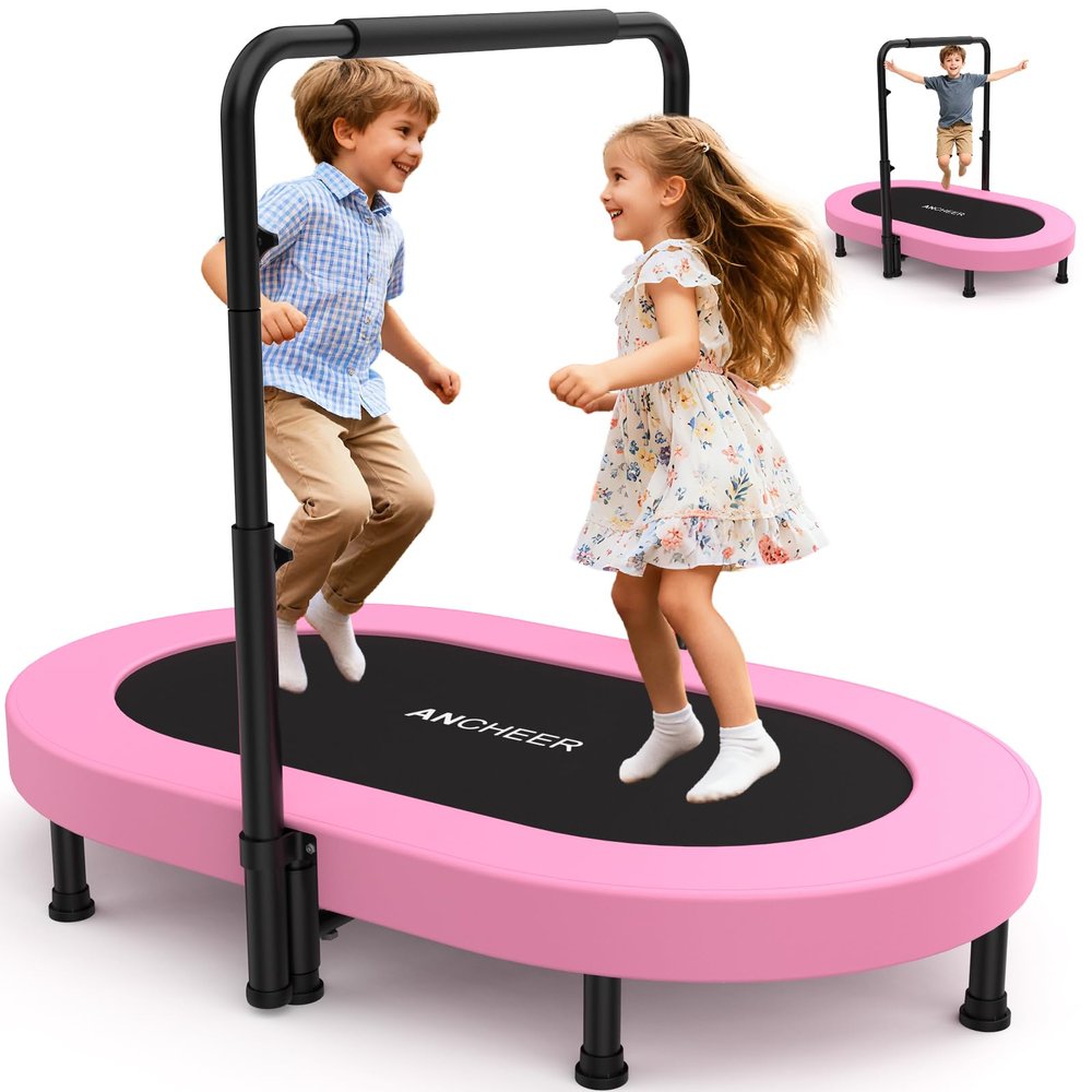 ANCHEER Mini Trampoline for Kids Indoor, Double Kids Trampoline with Adjustable Center Handlebar, 56"X36" Rebounder Trampoline Foldable, Max Load 220 LBS,Pink