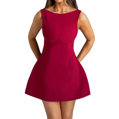 Adoeren Women Cap Sleeve A Line Mini Dress Summer Party Sexy Solid Bodycon Short Dress Elegant Backless Mini Dress(A 33 Red,S)