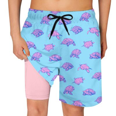 Cozople Teen Boys Sea Turtle Swim Trunks Size 14-16 Swimwear Quick Dry UPF50+ Stretchy Compression Lining Bathing Suits Blue Sports Surfing Boardshorts Swimsuit with Inner Boxer Brief Shorts
