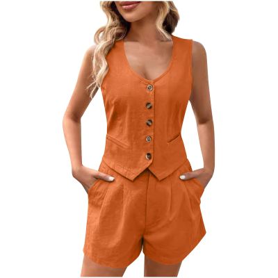 HGps8w Womens Summer 2 Piece Outfits V Neck Sleeveless Blazer Vest and Shorts Matching Business Work Clothes with Pockets