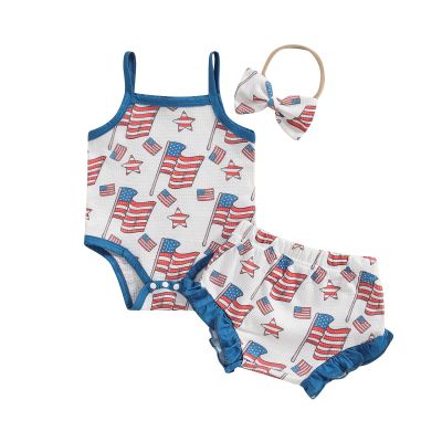 ZINTAOZT Baby Girl 4th of July Outfit Strap Sleeveless Stars Striped Flag Tank Top Romper Shorts Headband 3Pcs Patriotic Set (I Blue, 3-6 Months)