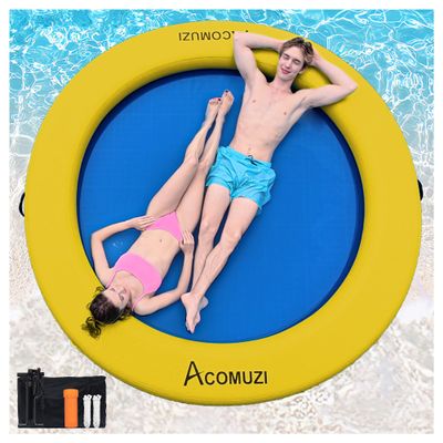 ACOMUZI 8FT Water Hammock Inflatable Floating Dock, Round Floating Ring Lake Floats for Adults, Heavy Duty Pool Float Raft for Ocean and Lake, Yellow Blue