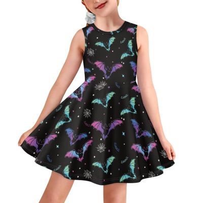 OZELANSAY Cute Bats Print Girls Sleeveless Skater Summer Dresses Casual A-Line Swing Twirly Kawaii Halloween Dress for Kids 11T 12T Years Elegant Clothes School Party Outfits