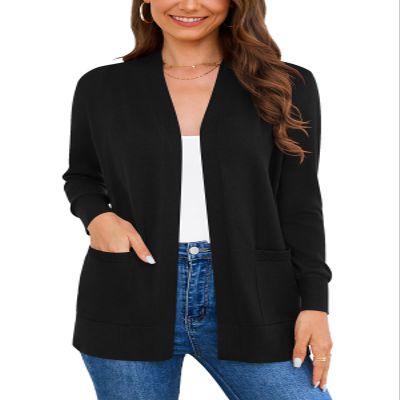Veryoung Women's Long Sleeve V-Neck Open Front Cardigan Knit Duster Jacket Sweaters with Pockets, Black, XX-Large