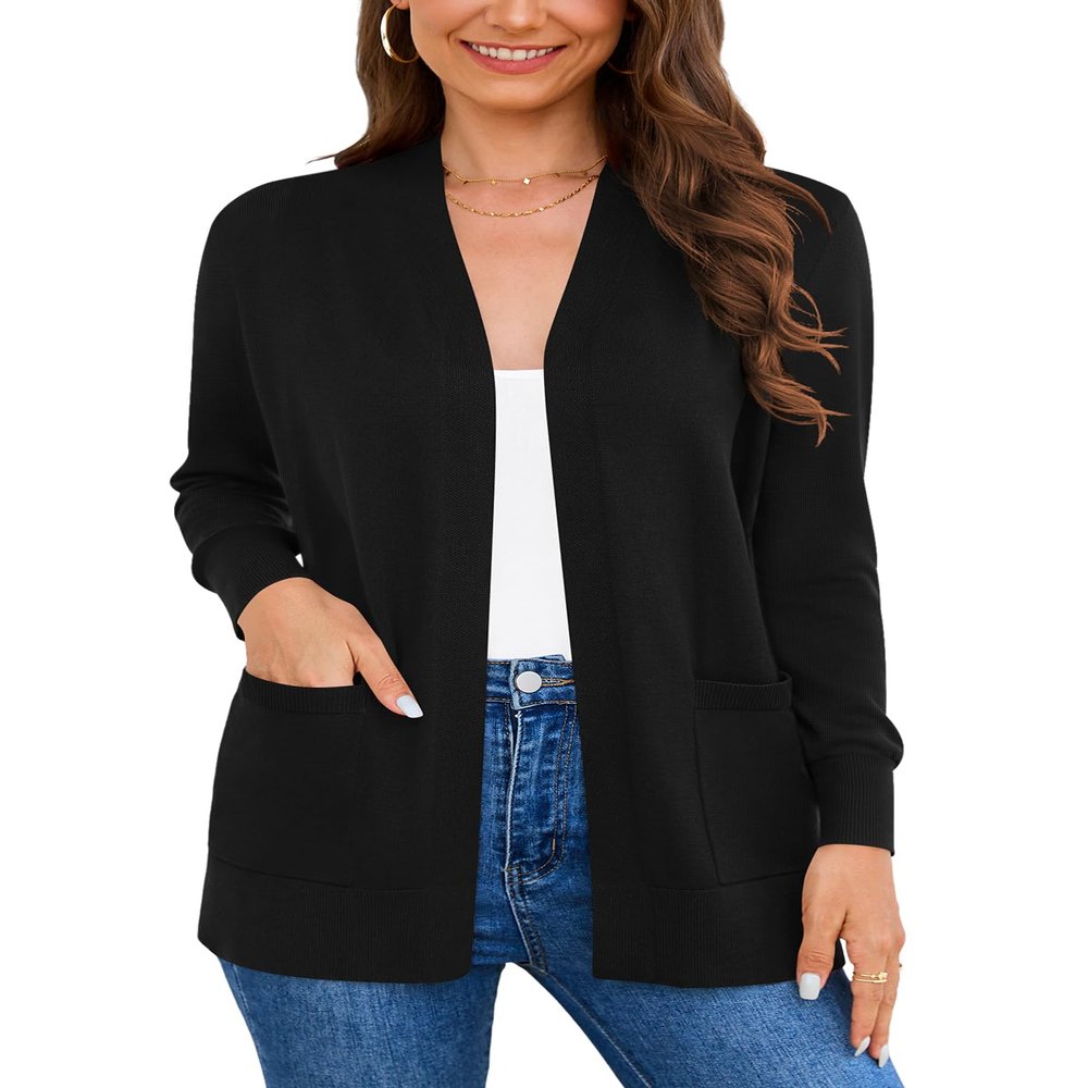 Veryoung Women's Long Sleeve V-Neck Open Front Cardigan Knit Duster Jacket Sweaters with Pockets, Black, XX-Large